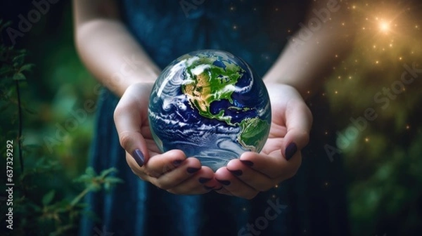 Fototapeta Symbolic, Green, Nature, Child, Globe, Palms, Hands, Environment, Earth, World. Fate in My Hands. Closeup on two young female hands holding a little fragile Earth sphere in her palms