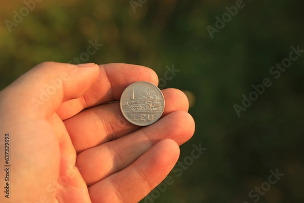 Fototapeta Coin one leu in hand