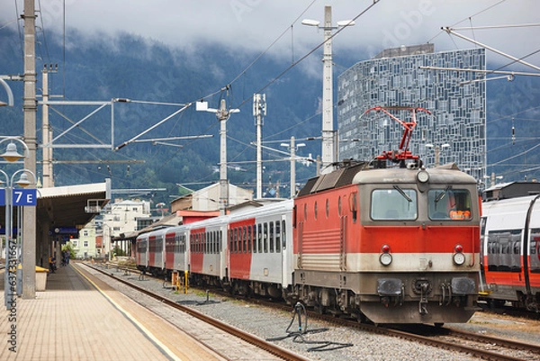 Fototapeta Innsbruck railway station platform. Austrian transportation. European destination