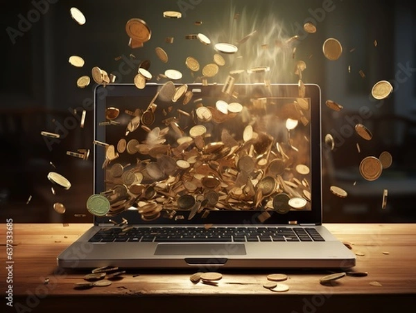 Fototapeta Lucky coins coming out of a laptop - generative ai