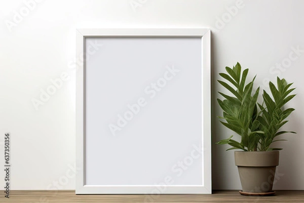 Fototapeta Blank wooden picture frame mockup in modern interior. Vertical template mock up for artwork, painting, photo or poster in interior design, generative AI	
