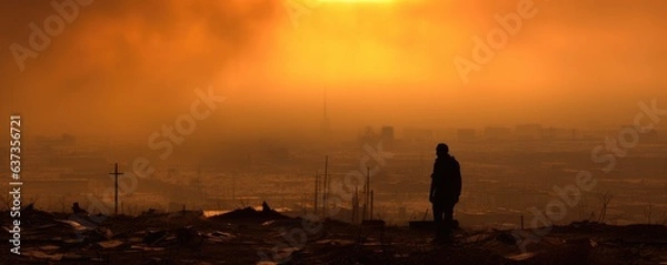 Fototapeta Eternal Twilight: Digital Illustration of Witnessing the End of the World - Apocalyps, Apocaliptic world, Fire, Smoke, Ruins, Trash, Destruction, Survival, Apocalyptic, Aftermath, Dystopian, Wasteland