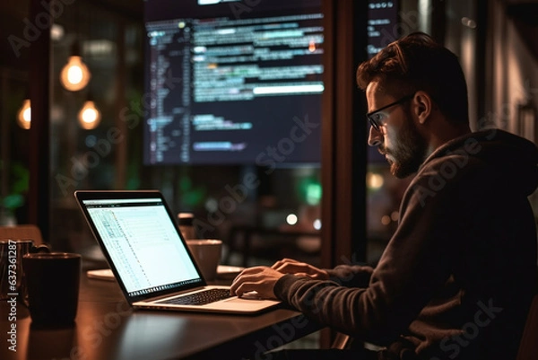 Fototapeta Programmer Multitasking, Answering Queries on an Online Coding Forum, ideas for happiness and love programs,  