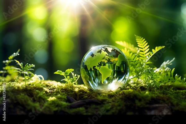 Obraz renewable energy light bulb with green energy, Earth Day or environment protection Hands protect forests that grow on the ground and help save the world, solar panels	