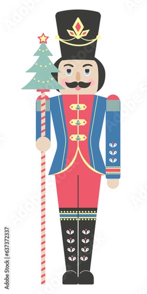 Obraz Wooden soldier with christmas tree. Decoration toy on the christmas tree. Flat style. Vector illustration.