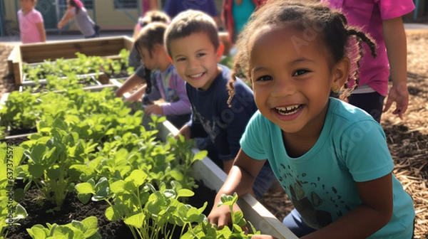 Fototapeta Kids at a community garden, tending to their plants and flowers with enthusiasm. Planting, and enjoying their labor as their garden flourishes