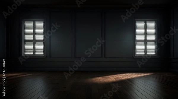 Fototapeta Empty dark room with a window, moonlight through the window, shadows, rays of light. AI generation