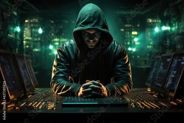 Fototapeta Hacker in a hoodie sits in a dark room with laptops on desk