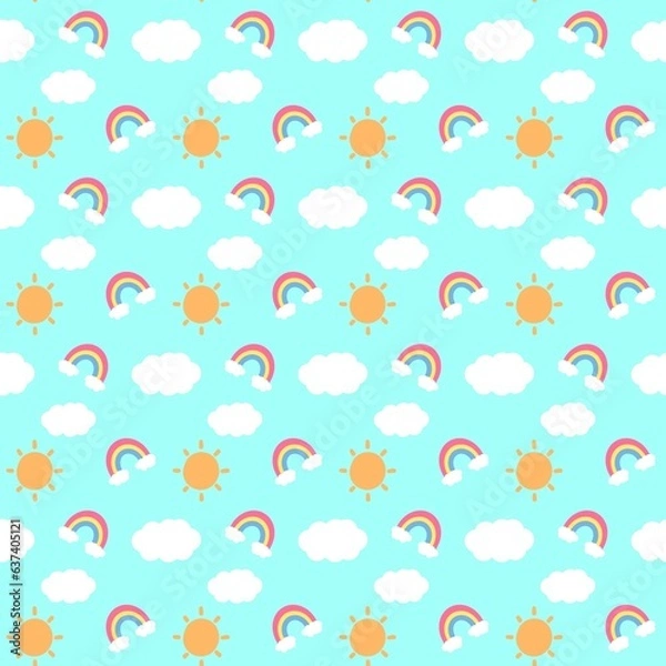 Fototapeta seamless pattern with cloud, rainbow, sun on blue background 