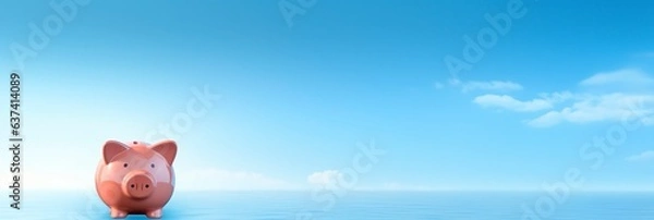 Fototapeta A cute piggy bank is placed against a soft, light blue background. The piggy bank is a symbol of savings, financial planning, and responsible money management