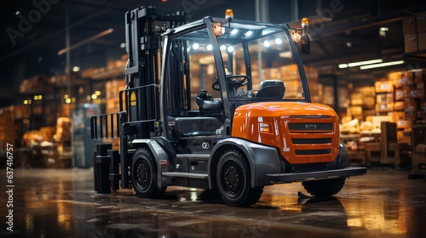 Obraz Forklift working in warehouse stock industrial premises.