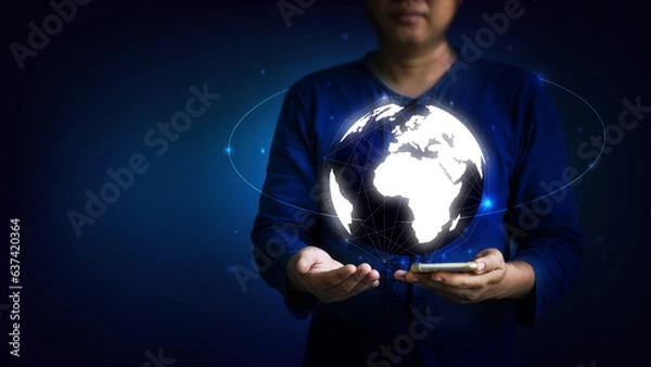Fototapeta Big data digital global over businessman hand with smartphone.
