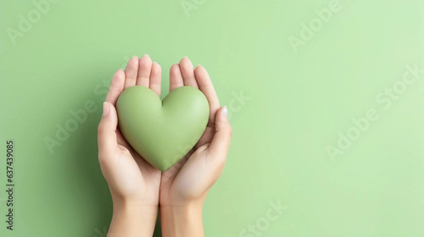 Obraz Woman hands holding green heart, Happiness moment, Health care, Save world, donate and family insurance concept, World heart day, Health day, Hope, Gratitude, Kindness, Valentine's Day. Generative AI.