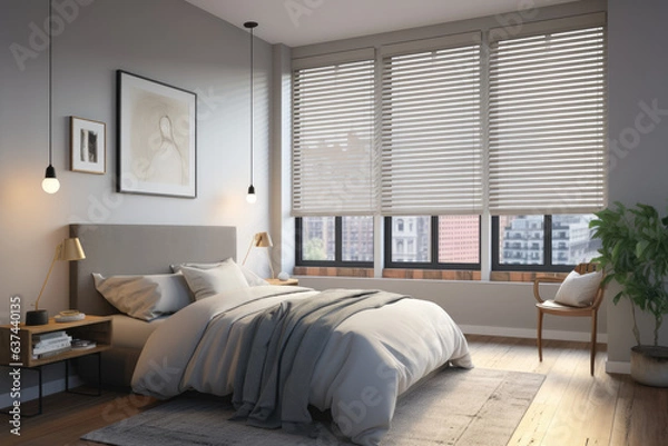 Obraz Bedroom with smart blinds that open gradually, simulating a natural sunrise