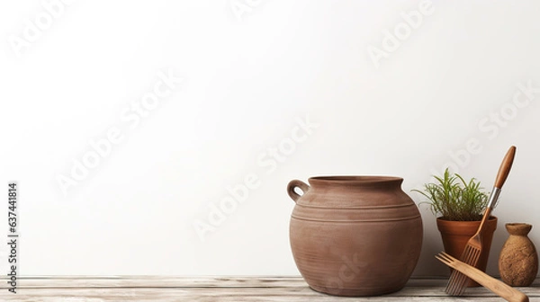 Fototapeta plant in a clay pot with white background.Generative Ai