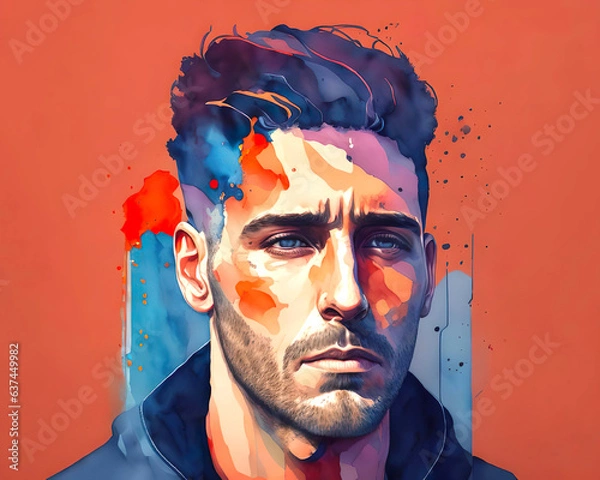 Fototapeta portrait of a man with a beard colourful man in a low mood feeling sad and thinking about the future AI image
