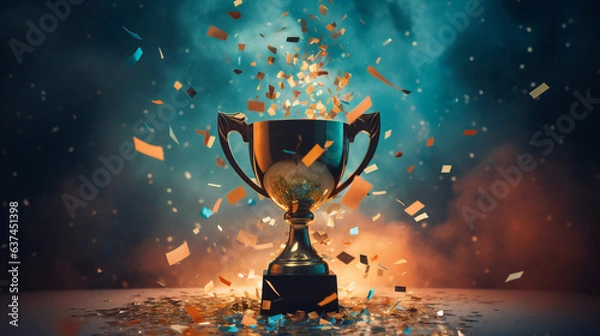 Obraz Win concept. Champion Award gold cup, Golden winner's cup in the middle of a soccer stadium with audience. generated AI