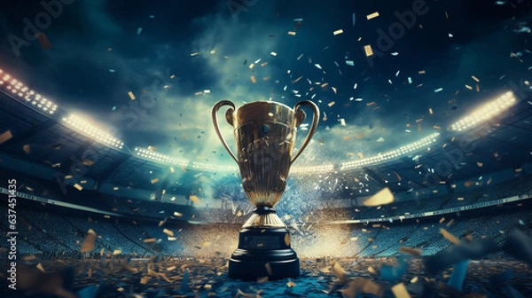 Obraz Win concept. Champion Award gold cup, Golden winner's cup in the middle of a soccer stadium with audience. generated AI