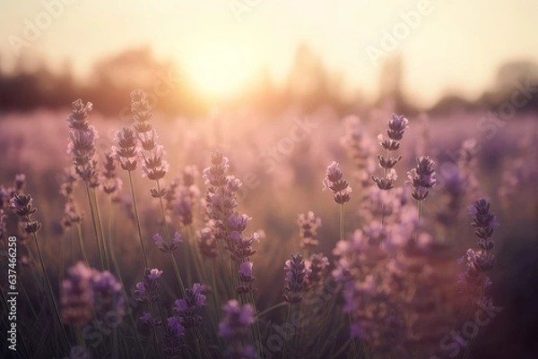 Fototapeta A vibrant field of lavender flowers with a stunning sunlit backdrop