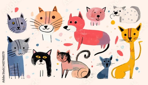 Obraz Many different funny cats and one dog in a childrens gouache drawing. Group of happy pets in a simple painting made by a child