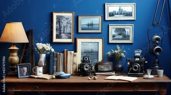 Obraz  a table with a bunch of pictures and a lamp on it.  generative ai