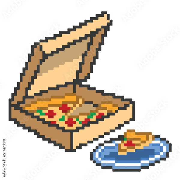 Fototapeta vector illustration 8bit pixel art of pizza in a brown opened box ready to eat with pizza slice on a blue plate