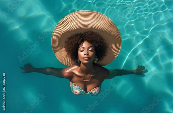 Fototapeta Young black woman wearing straw hat relaxing at spa pool - Beautiful woman relaxing in outdoor spa swimming pool - Top view of attractive girl enjoy vacation at resort. Generative AI
