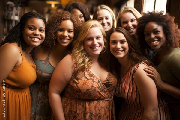 Fototapeta Group of curvy women with different body and ethnicity posing together to show the woman power and strength. Body positive concept. Generative AI.