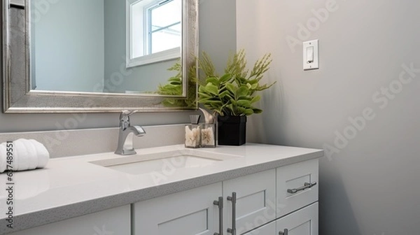 Fototapeta minimalist bathroom with square mirror on grey wall, white cabinet, chrome faucet, and side view.