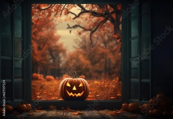 Fototapeta A halloween pumpkin sitting in front of an open window