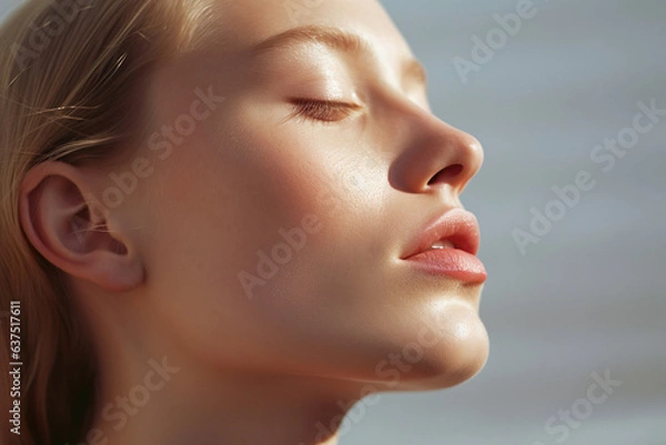 Obraz A serene profile portrait of a woman enjoying a tranquil lake, her contemplation and tranquility palpable.