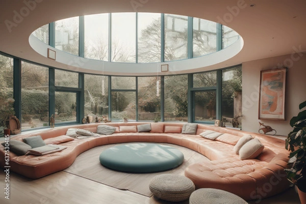 Fototapeta Interior of a round living room with large windows. Generative AI