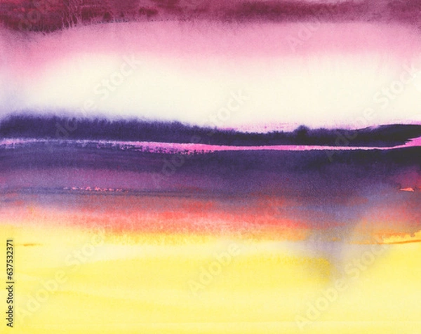 Fototapeta Ink watercolor hand drawn smoke flow stain blot on wet paper texture background. Violet, pink, yellow colors.