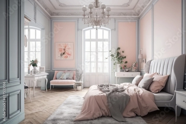 Fototapeta Luxury bedroom in pink with Victorian furniture. generative AI