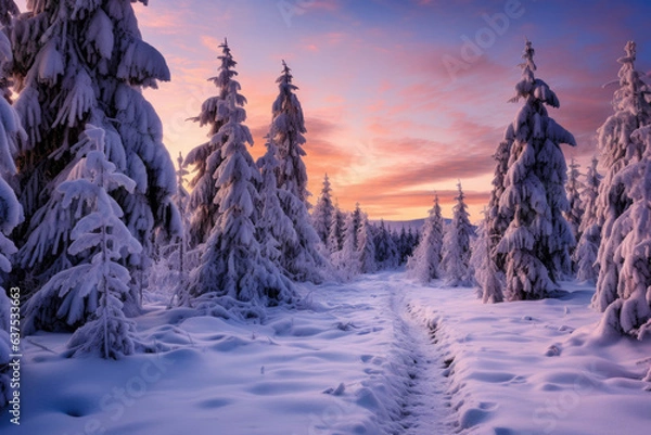 Fototapeta Snow-covered pine trees at dusk