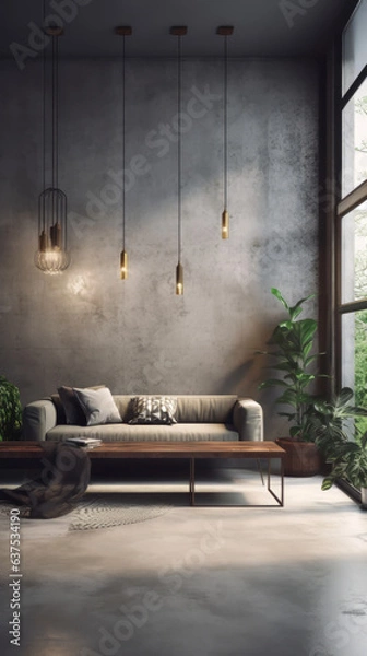 Fototapeta Interior of a living room with cement walls and pendant lamps. Generative AI