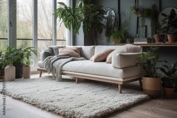 Fototapeta Scandinavian style minimalist living room with natural plants and large windows. Generative AI