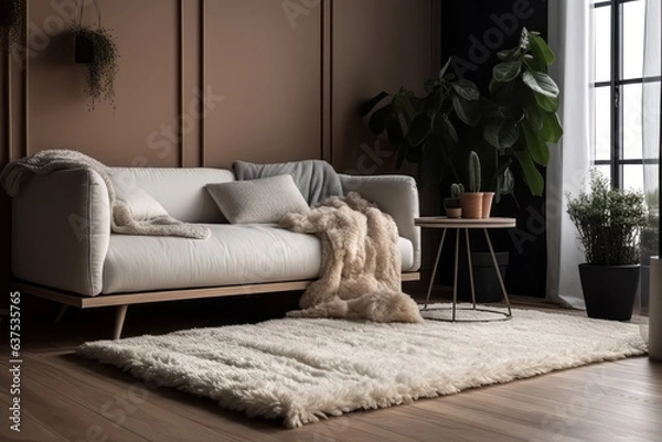 Fototapeta Scandinavian style minimalist living room. Generative AI