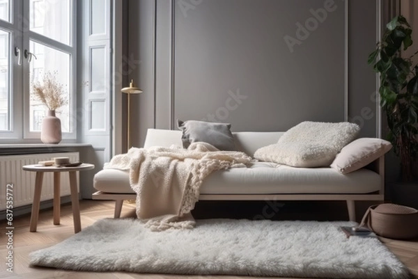 Fototapeta Minimalist living room with nice beige and white sofa. Generative AI