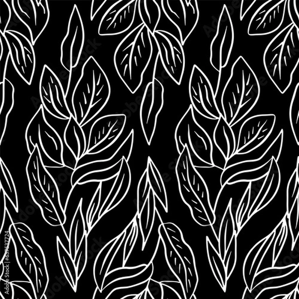 Fototapeta Monochrome seamless pattern with tropical leaves on black background. Line art botanical wallpaper