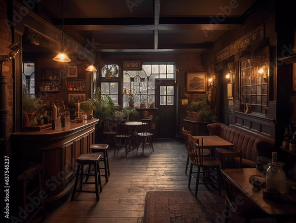 Fototapeta Timeless Charm Unveiled: Step Inside the Enchanting Ambiance of an Old Rustic English Pub! Still Life, Interior