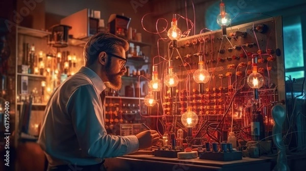 Fototapeta A scientist conducting experiments with electrical equipment, representing the research and exploration in electrical engineering