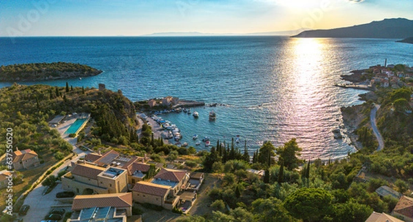 Fototapeta Aerial view of the wonderful seaside village of Kardamyli, Greece located in the Messenian Mani area. It's one of the most beautiful places to visit in Greece, Europe