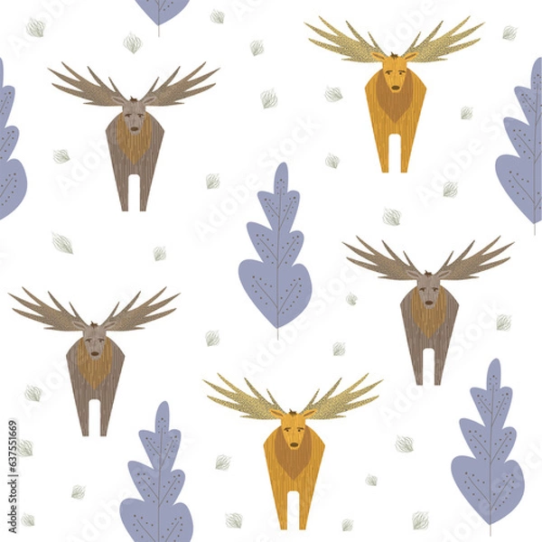 Obraz Pattern deer and tree on a white background. vector.