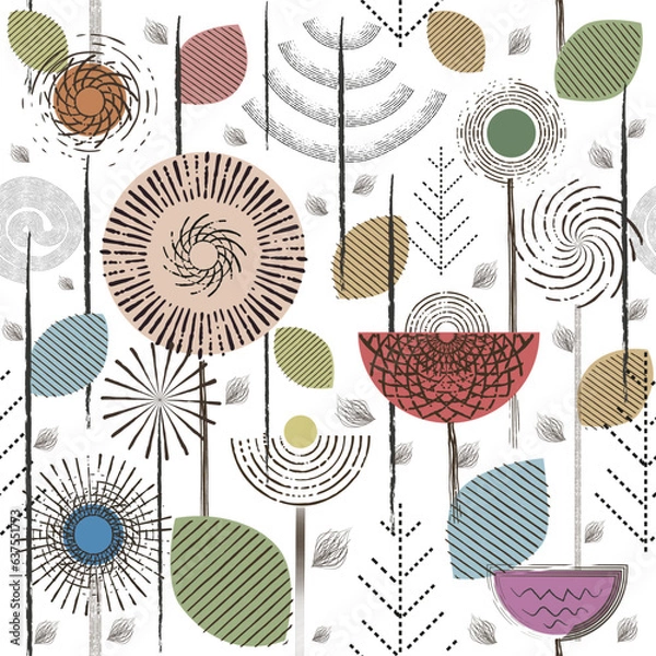 Obraz Pattern with trees, flowers and leaves. Vector graphics. print