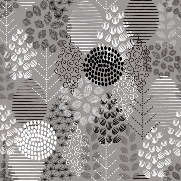 Obraz Pattern with trees, flowers and leaves. Vector graphics. print