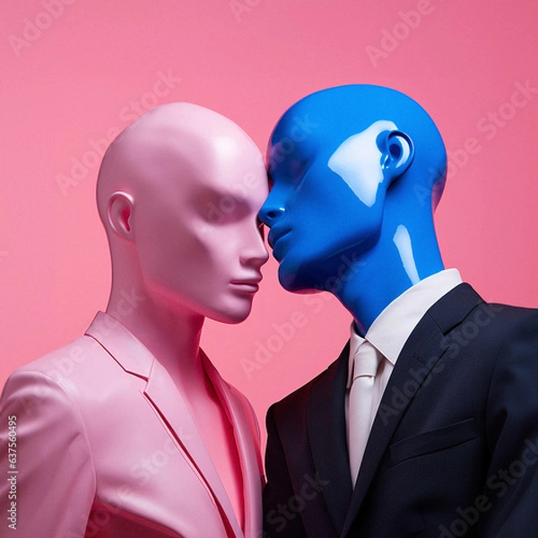 Fototapeta A minimal blue pink portrait of a couple of shop window dolls. Abstract fashion surreal creative artistic two color concept.