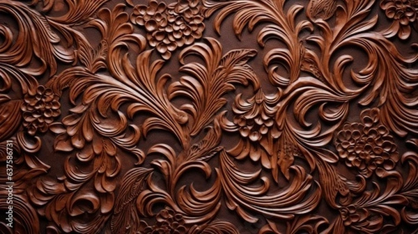 Obraz an ornamental Abstract Tooled leather, Horizontal background, Ornamental designs, carved and engraved in leather. Ornamental art Abstrac-themed, photorealistic illustrations in JPG. generative ai