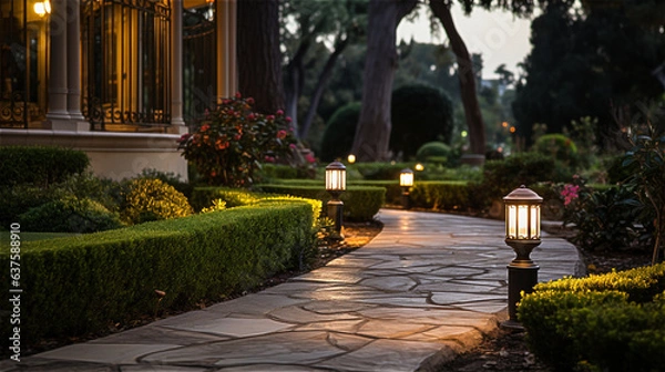 Obraz rough stone path illuminated by iron garden lights surrounded by hedge, backyard landscape at evening, created with Generative AI Technology.