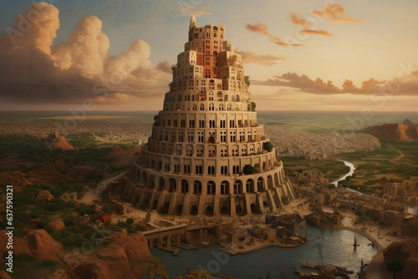 Obraz Tower of Babel in Babylon, photorealistic depiction of the mythological architectural marvel of the ancient world mentioned in the Bible in the golden hour.
